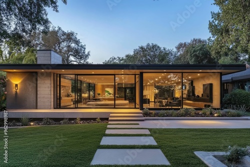 Modern house with large glass windows and landscaped yard.