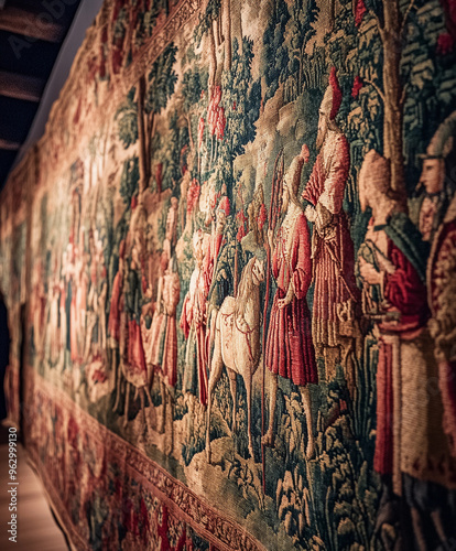 Jacquard tapestry hung on a wall: elaborate medieval scene woven with rich reds, greens, and golds