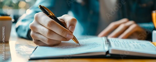 Hand Writing in a Notebook with a Pen. photo