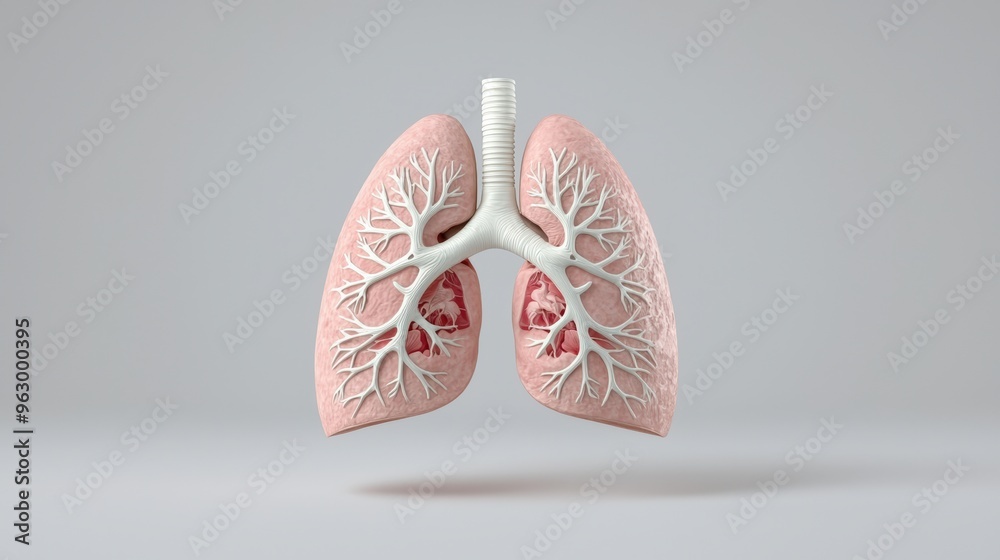 3D model of lungs with emphysema, showing inflamed and damaged alveoli, Hyper-detailed, Realistic, Blue and red medical lighting, High-resolution 3D model of lungs with emphysema, showing inflamed and damaged alveoli, Hyper-detailed, Realistic, Blue and red medical lighting, High-resolution