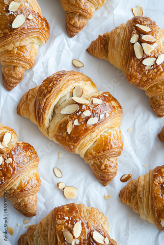 Close-up of freshly baked almond croissants stacked together on white mackground photo