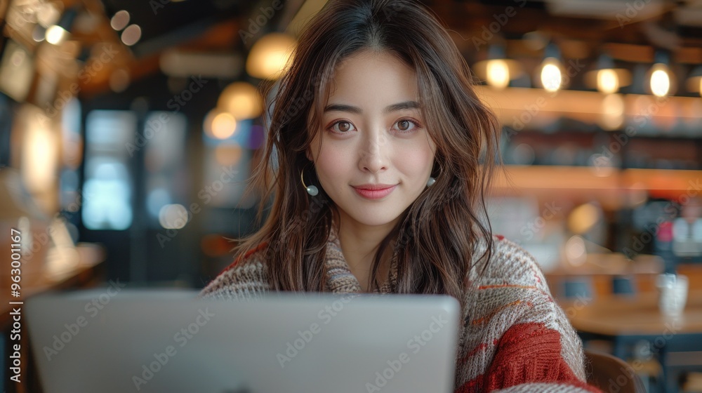 Fototapeta premium A woman is sitting at a table with a laptop in front of her
