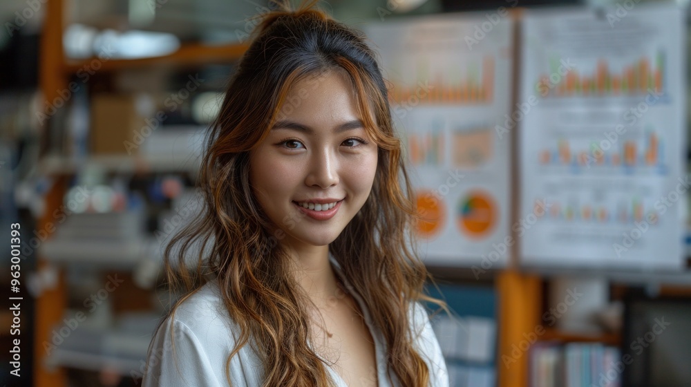 A woman with long brown hair is smiling at the camera A woman with long brown hair is smiling at the camera