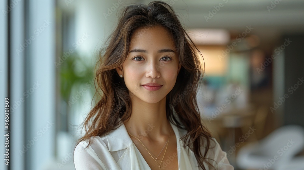 A woman with long brown hair and a white shirt is smiling for the camera A woman with long brown hair and a white shirt is smiling for the camera