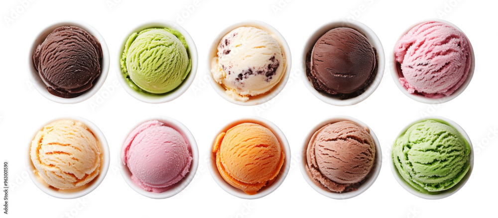 Ten white bowls with scoops of different flavored ice cream