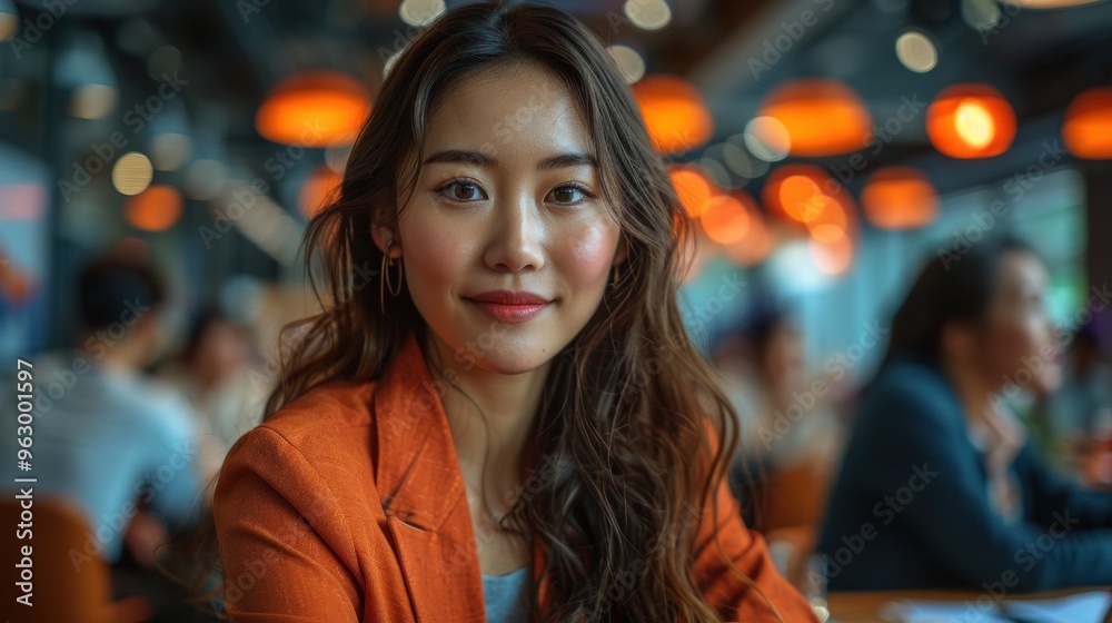 A woman in an orange jacket is smiling at the camera