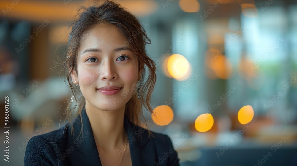 A woman with long hair and a black jacket is smiling A woman with long hair and a black jacket is smiling