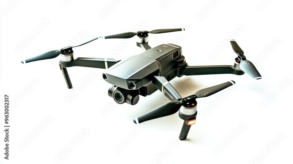 High-angle shot of a drone, isolated in mid-flight on a seamless white background, sharp and precise in detail. High-angle shot of a drone, isolated in mid-flight on a seamless white background, sharp and precise in detail.