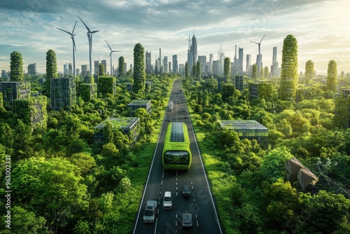 Futuristic cityscape with greenery and sustainable transport.