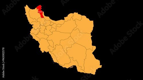 Ardabil map animated video. Location is highlighted on the Iran map. Color map of Ardabil with a transparent PNG background in video format.	 photo