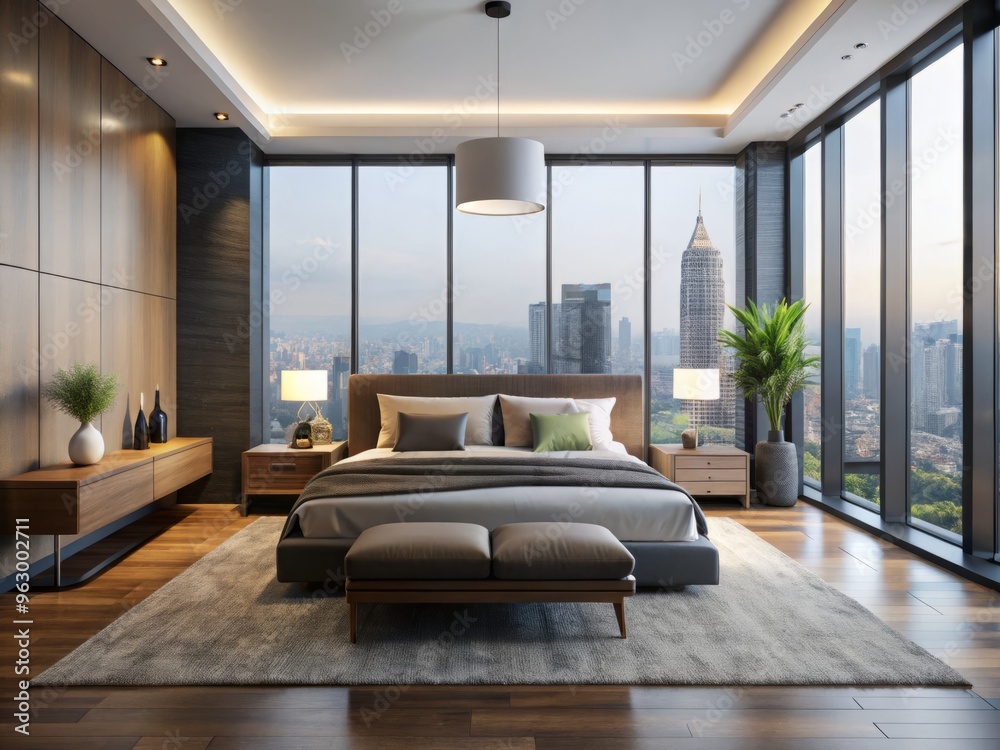Urban vistas dominate the backdrop as a minimalist bedroom showcases crisp lines of modern furniture, a serene escape Urban vistas dominate the backdrop as a minimalist bedroom showcases crisp lines of modern furniture, a serene escape
