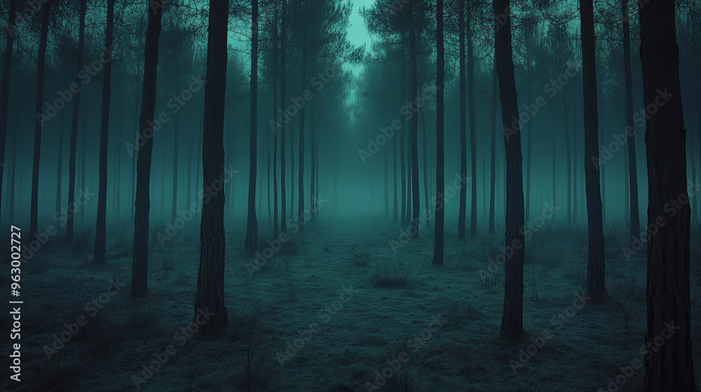 Obraz premium A Misty Forest Landscape at Twilight With Tall Trees Creating a Serene yet Eerie Atmosphere