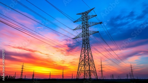  Silhouette High voltage electric tower on sunset time and sky on sunset time background