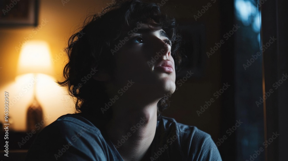 Teenager in a dimly lit room, reflecting on mental health issues, somber mood Teenager in a dimly lit room, reflecting on mental health issues, somber mood