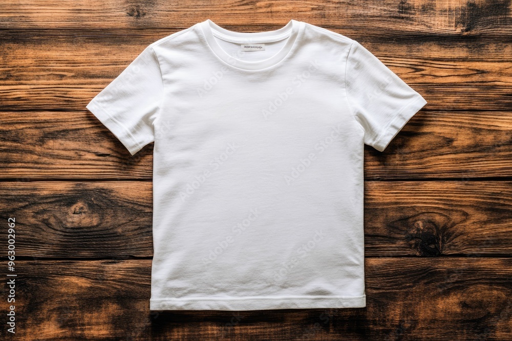 Plain white t-shirt on a wooden surface.