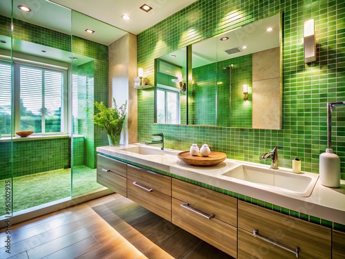 Vibrant green glass tiles adorn the bathroom walls, creating a serene atmosphere, while neutral fixtures and photo