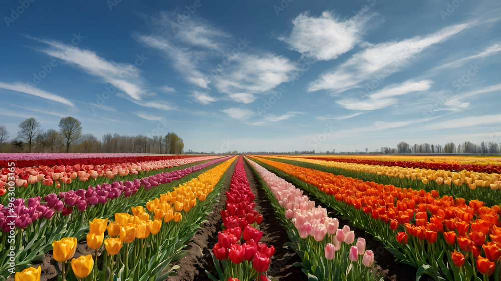 Endless rows of blooming tulips in various colors stretching across a field under a clear spring sky, perfect for seasonal flower campaigns Endless rows of blooming tulips in various colors stretching across a field under a clear spring sky, perfect for seasonal flower campaigns