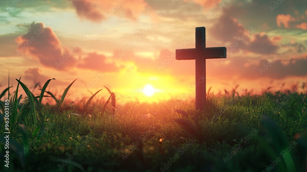 The cross on green grass with sunset in the sky background The cross on green grass with sunset in the sky background