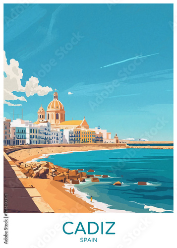 Cadiz Spain Poster Illustration Travel Print Decor Gift Paper Canvas Wall Retro Art #963003161