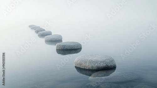 Stones arranged in a path over calm water, leading into the distance, surrounded by soft mist and reflections.