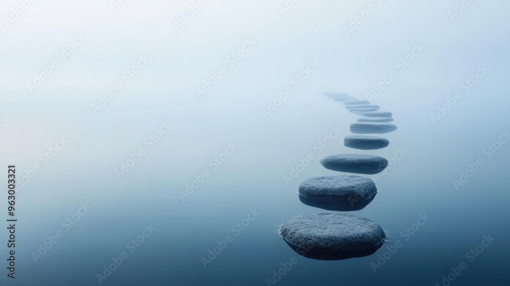 Fototapeta premium Stones arranged in a path over calm water, leading into the distance, surrounded by soft mist and reflections.
