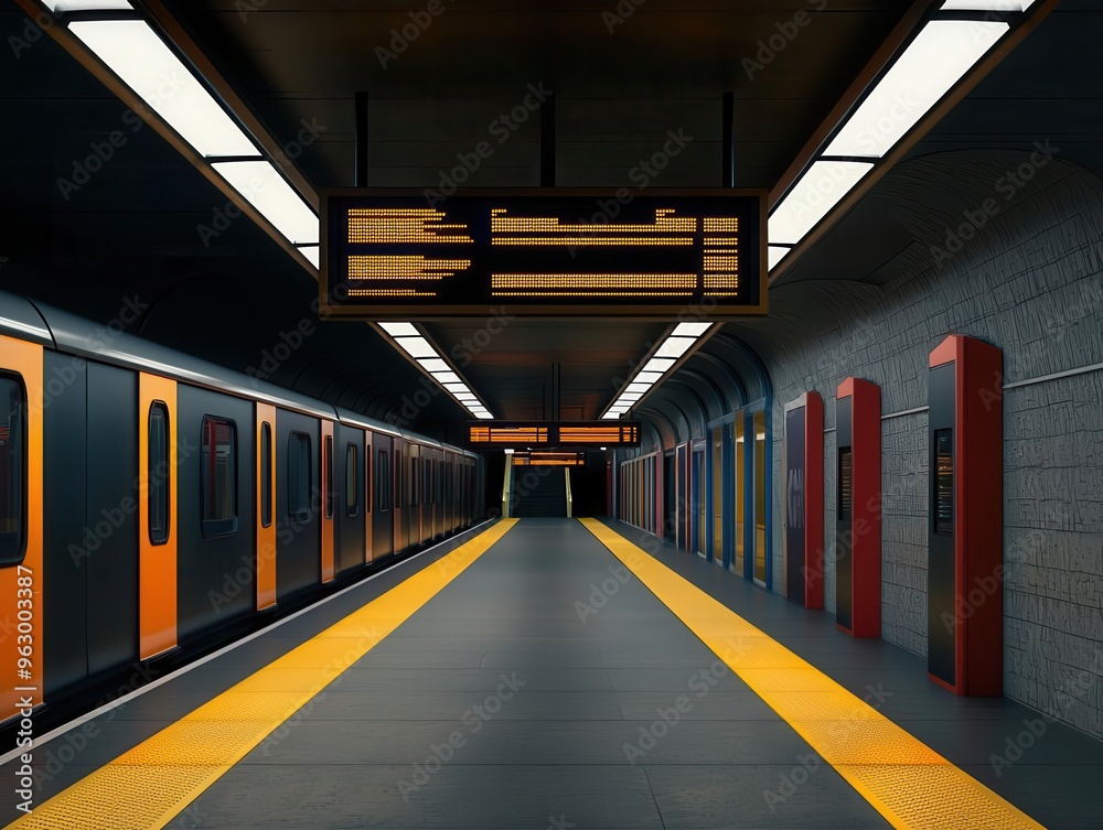 Fototapeta premium Minimalist train station with clean lines, soft lighting, and digital schedule boards, minimalist train station, modern design