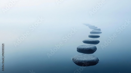 Stones arranged in a path over calm water, leading into the distance, surrounded by soft mist and reflections.