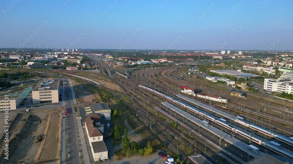 City Leipzig ice Train Railroad tracks. Smooth aerial view flight drone City Leipzig ice Train Railroad tracks. Smooth aerial view flight drone