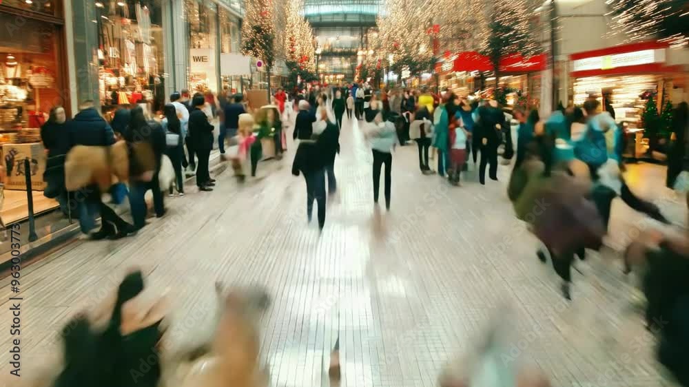 A busy shopping district filled with holiday decorations and bustling shoppers enjoying the festive atmosphere, timelapse