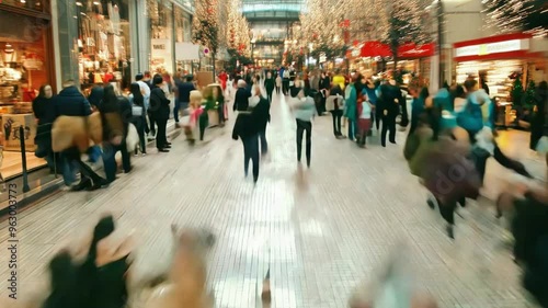 A busy shopping district filled with holiday decorations and bustling shoppers enjoying the festive atmosphere, timelapse