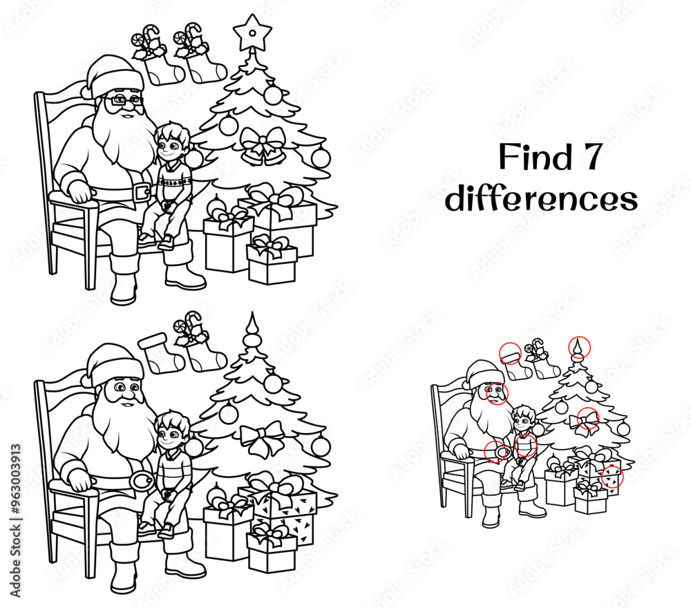Santa Claus with a child on his lap near the Christmas tree. Find 7 differences. Tasks for children. Vector illustration Santa Claus with a child on his lap near the Christmas tree. Find 7 differences. Tasks for children. Vector illustration