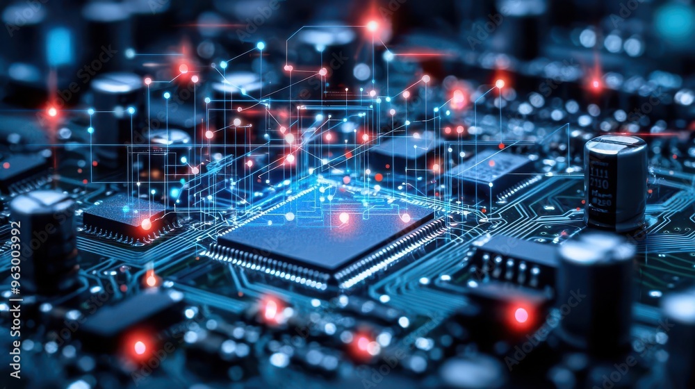 Obraz premium High-tech microchip with glowing circuits and vibrant data connections, representing modern technology and innovation.