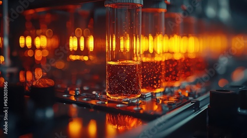 Close-up view of glowing glass laboratory tubes filled with vibrant orange liquid in a modern scientific setting.