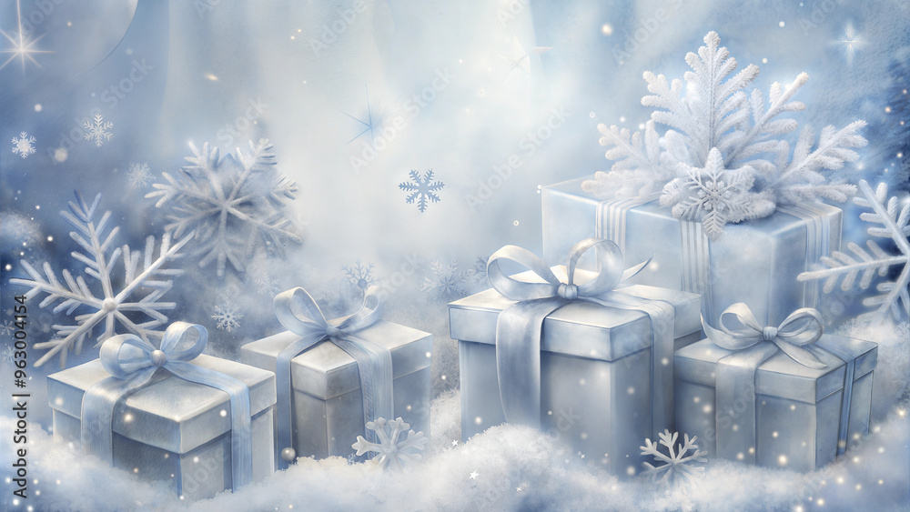 Winter wonderland scene with elegant silver and white gifts surrounded by snowflakes Winter wonderland scene with elegant silver and white gifts surrounded by snowflakes