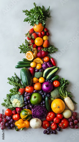 Variety of vegetables and fruits in triangle shape like a Christmas tree, light background, copy space. Generative AI