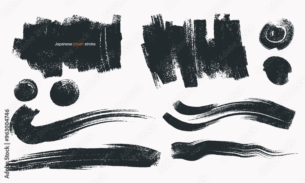Set of abstract black brush stroke painting. Dry hand draw paint vector brush stroke texture on white background. Template simple black ink Japanese brush stroke abstract. Vector illustration.
