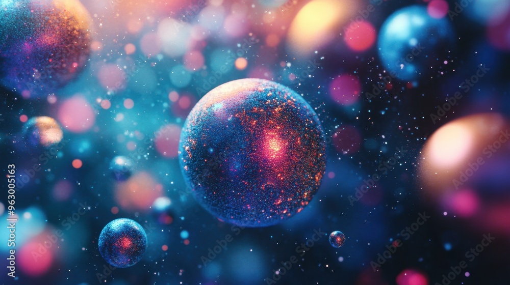 deformed spheres amidst floating particles. These shapes are distorted by dynamic noise displacement, creating a futuristic, surreal visual with a cosmic vibe. deformed spheres amidst floating particles. These shapes are distorted by dynamic noise displacement, creating a futuristic, surreal visual with a cosmic vibe.