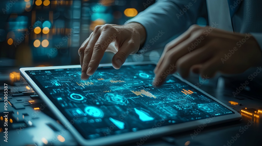 Person using a tablet with a futuristic user interface Person using a tablet with a futuristic user interface