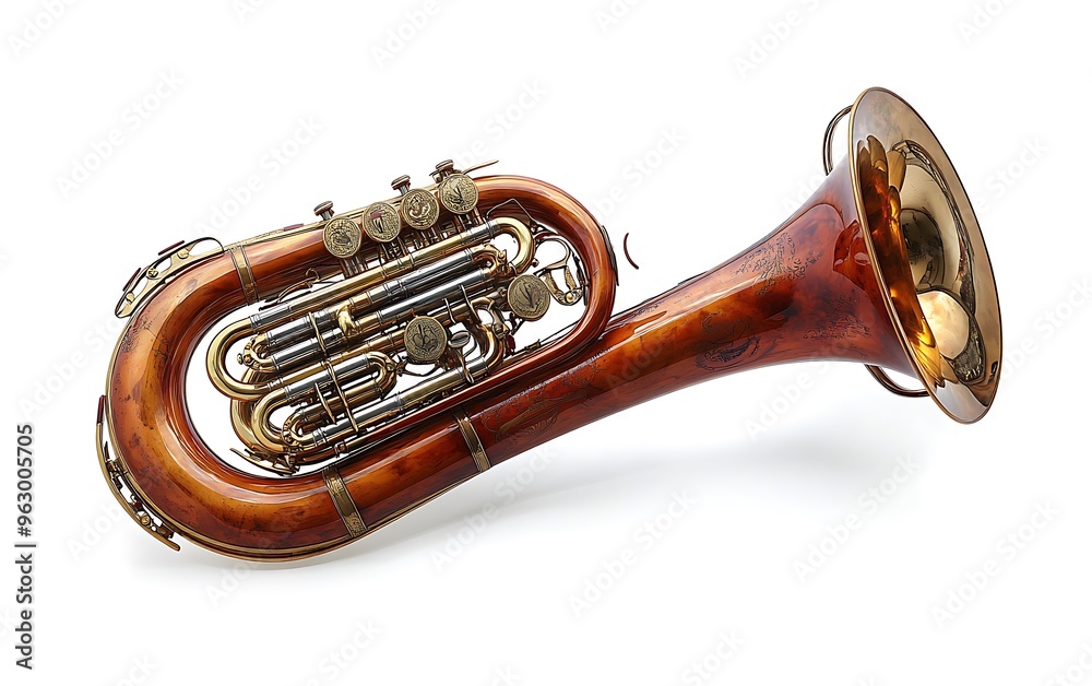 Obraz premium A vintage euphonium with a brown lacquered finish and gold-plated bell, isolated on a white background.