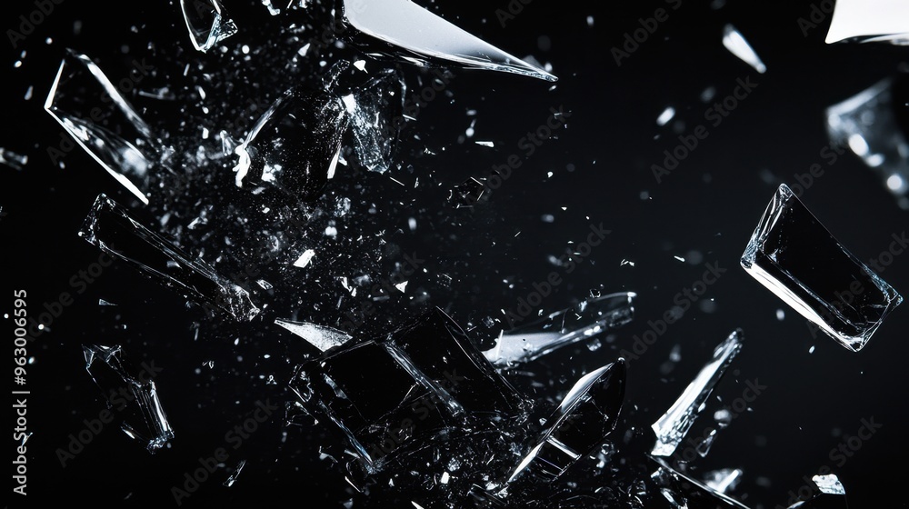 Shattered glass fragments scattering on a black background, the sharp edges glinting under minimal light, representing destruction. Shattered glass fragments scattering on a black background, the sharp edges glinting under minimal light, representing destruction.