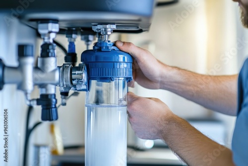 Close-up of a plumber installing or replacing a water filter.