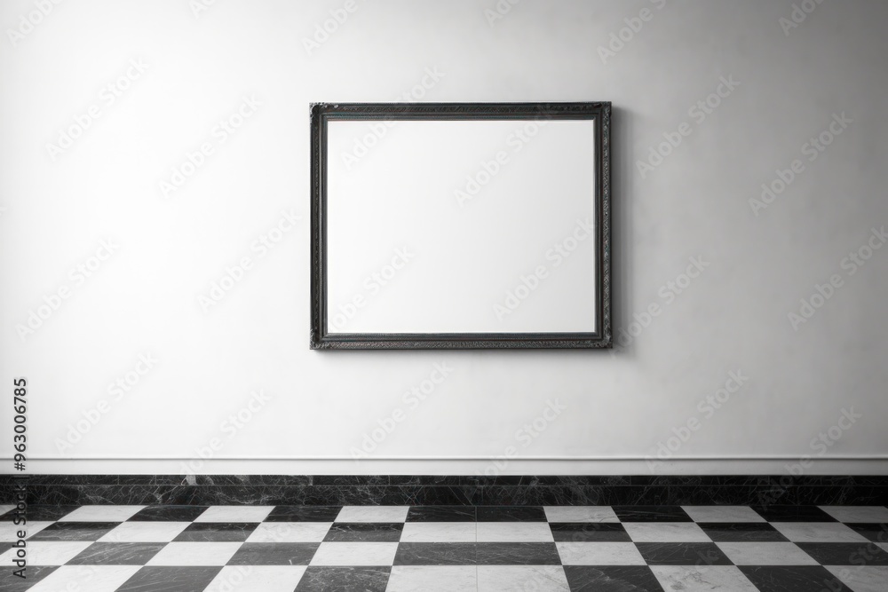 silver picture frame on a wall in an otherwise empty room. Black and white tile floor silver picture frame on a wall in an otherwise empty room. Black and white tile floor