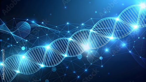 Science template, wallpaper or banner with DNA molecules. Bluee technology background photo