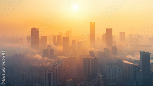 An aerial view of a thriving city shrouded in dust and smog.