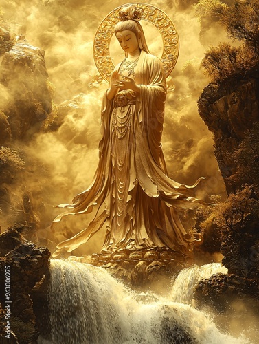 An ethereal Guan Shiyin Bodhisattva surrounded by golden clouds, with a vibrant halo, and rivers flowing gently in the foreground, in intricate Gongbi style.