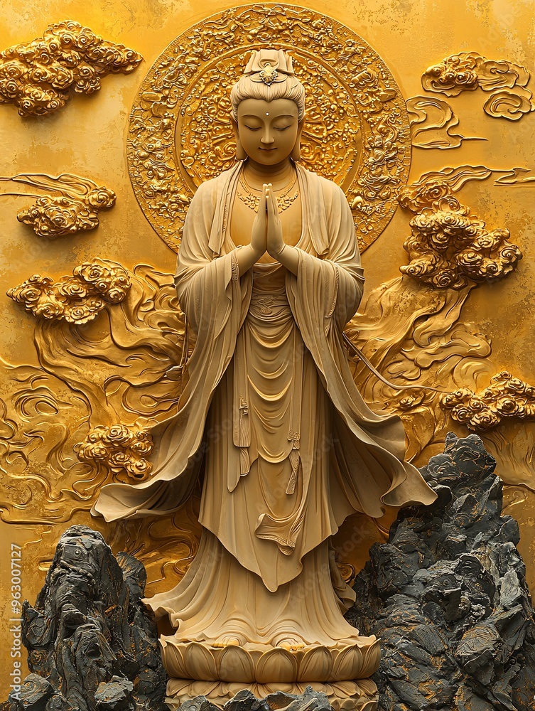Guan Shiyin Bodhisattva, illuminated by a golden halo, surrounded by golden clouds with rivers and mountains intricately drawn in Gongbi style. Guan Shiyin Bodhisattva, illuminated by a golden halo, surrounded by golden clouds with rivers and mountains intricately drawn in Gongbi style.
