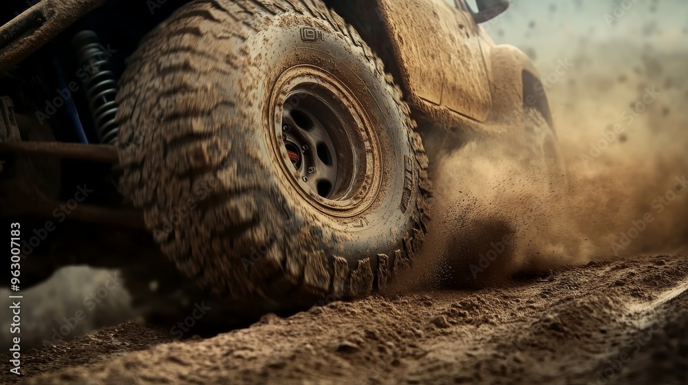 Off-road vehicle kicking up dirt while driving through rough terrain Off-road vehicle kicking up dirt while driving through rough terrain