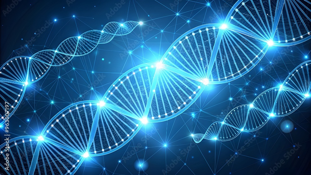 Fototapeta premium Science template, wallpaper or banner with DNA molecules. Bluee technology background