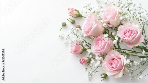 Pink roses, eustoma, and gypsophila flowers delicately arranged in a corner against a clean white background, creating a soft and romantic floral display