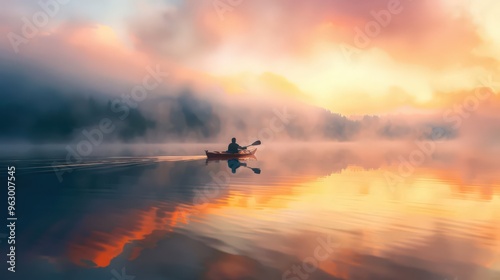 A kayaker gliding smoothly across a tranquil lake at dawn, with the morning mist rising from the water and reflecting the colors of the sunrise.